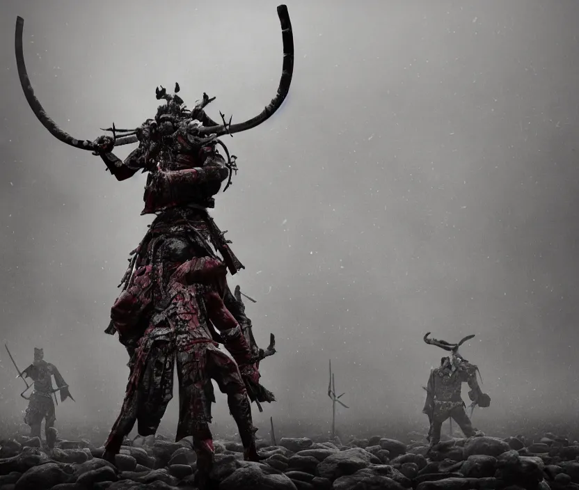 Prompt: samurai standing on a bunch of bodies with 6 arms , gloomy and foggy atmosphere, octane render, artstation trending, horror scene, highly detailded