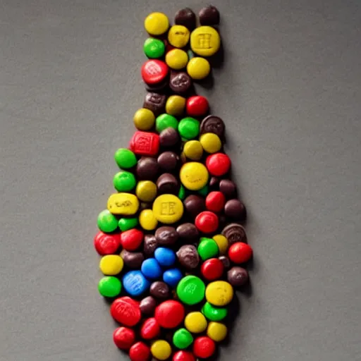 Prompt: a sculpture made of M&MS which form a bottle of wine