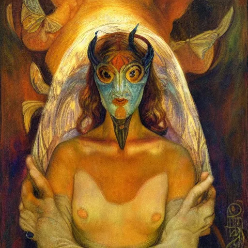 Image similar to the guest in her moth mask, by Annie Swynnerton and Diego Rivera, symbolist, dramatic lighting, elaborate geometric ornament, god rays, rich colors,smooth, sharp focus, extremely detailed