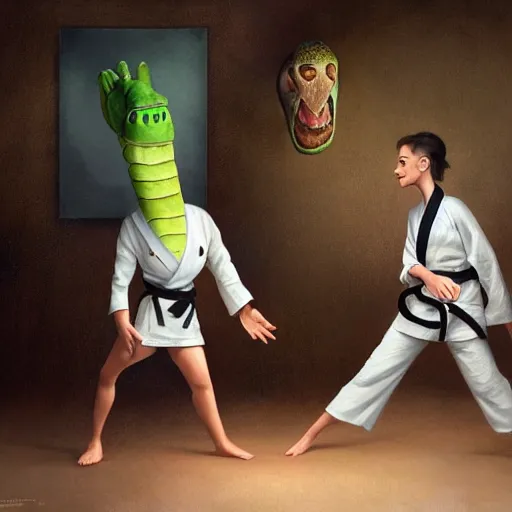 Image similar to a female humanoid carrote in a karate suit having a conversation with a humanoid detective alligator while a half cat half avocado watches painted by stanley lau, greg rutkowski, stanley artgem