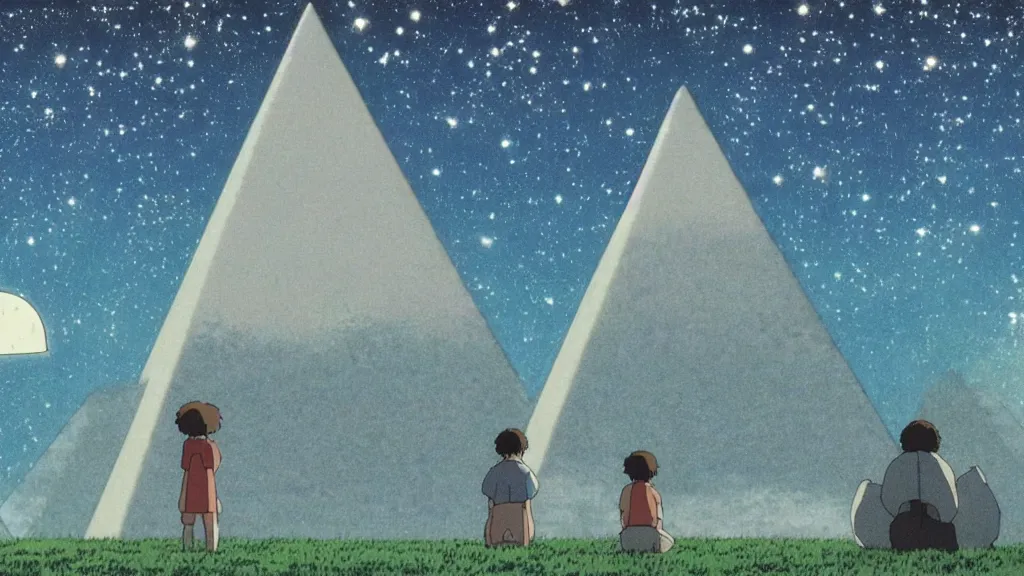 Image similar to a movie still from a studio ghibli film showing a floating large white pyramid with a gold gapstone, a grey alien, and a ufo on a misty and starry night. by studio ghibli