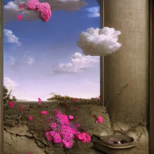 Image similar to David Friedrich, award winning masterpiece with incredible details, Zhang Kechun, a surreal vaporwave vaporwave vaporwave vaporwave vaporwave painting by Thomas Cole of an old pink mannequin head with flowers growing out, sinking underwater, highly detailed