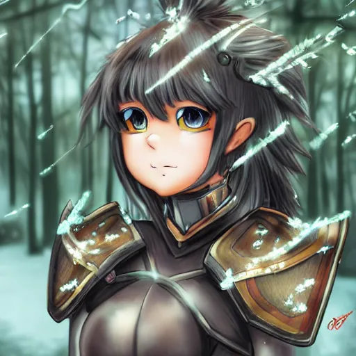 Prompt: portrait focus of knight beautiful 3D anime girl, cat armor wearing, dark forest background, snowing, bokeh, inspired by Masami Kurumada, digital painting, high contrast, unreal engine render, volumetric lighting, high détail