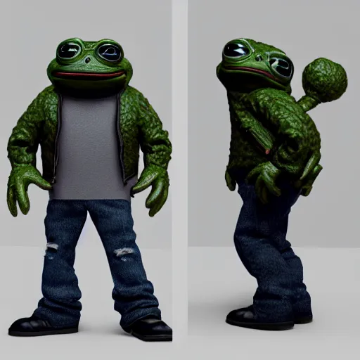 Image similar to perfectly accurate miniature figure of pepe the frog wearing jeans and a black leather jacket, soft textures, skin texture, clothing, 3d sculpture, textured, fine detail, lifelike, photo, high resolution, octane render, post processing, after effects, trending on artstation