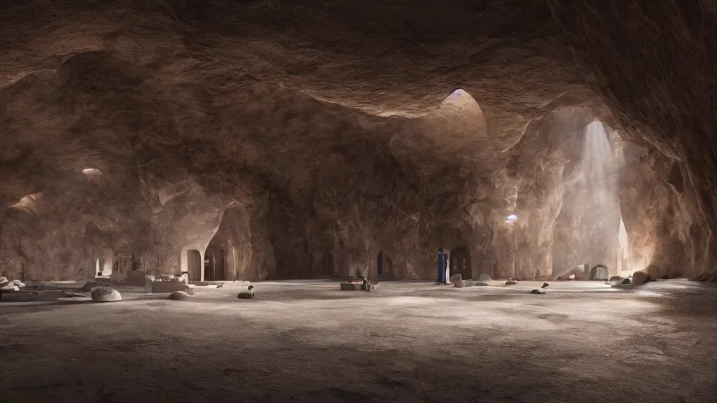 Image similar to A mosque inside a cave, cinematic lighting, god ray, photorealistic, hyperdetailed 3D matte painting, hyperrealism, hyperrealistic, 8k ultraHD octane render