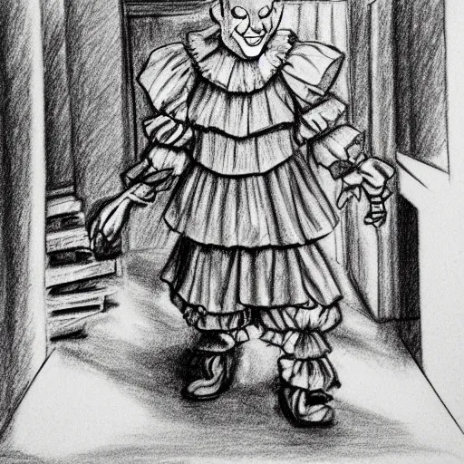 Image similar to pennywise in court. pencil court sketch. intricate. highly professionally detailed.