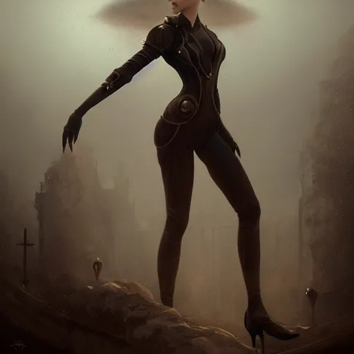 Image similar to By Tom Bagshaw, Abstract tech, a very beautiful steampunk female in bodysuit, ruins by night, symmetric body features proportions, horror, volumetric clouds and fog, focus, detailed, realistic eyes looking at camera, symmetric body features proportions, golden ratio, intricate details, award winning, unreal render