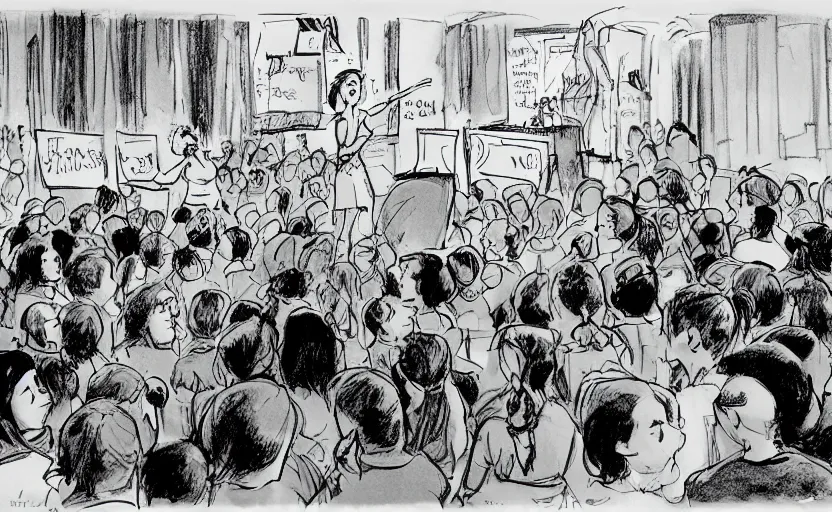 Image similar to a dramatic glen keane cartoon of gretta thunberg giving a speech to a crowd of youth climate activists