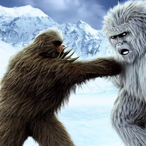 Image similar to a high detailed realistic photo of a yeti battling a sasquatch