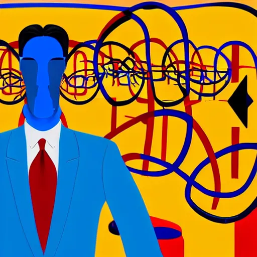 Image similar to ultra realistic portrait ofa man in suit in a studio, ultra detailed, under blue, red and yellow cinematic lighting, salvador dali, cartoon, monument valley, escher