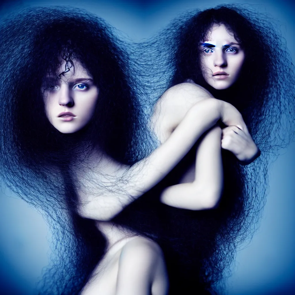 Image similar to High detatiled close-up of a young woman with long dark curly hair dressed in long white, fine art photography light painting by Paolo Roversi, professional studio lighting, dark blue background, hyper realistic photography, fashion magazine style