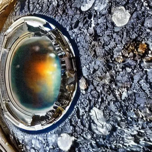 Prompt: high detail , close up photo of an astronauts helmet, the reflection shows the new colony in a lush alien planet