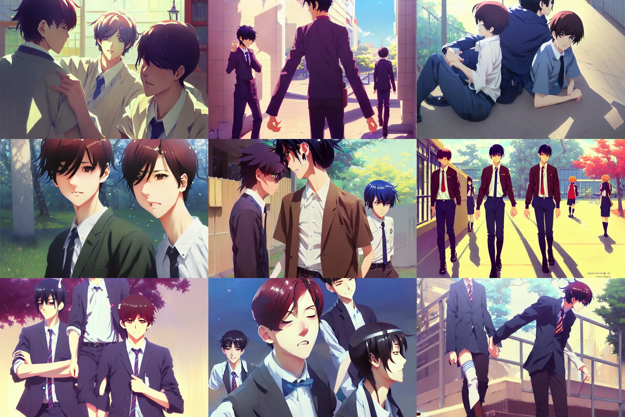 Prompt: boy's love anime high school noon scene, high detail concept art, perfect proportions fine face, tall handsome guys, romantic undertones, avant designer uniform, vivid colors, realistic shaded lighting poster fantasy art ilya kuvshinov, katsuhiro, jeremy lipking and michael germash, makoto shinkai, loish and clamp style, best selling artist