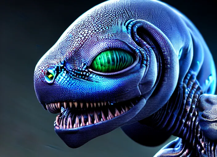 Image similar to hyperrealism, detailed textures, photorealistic 3 d render, an alien with cobalt coloured eyes in a super star system from 5 million years ago, sharp focus, ultra realistic, ultra high pixel detail, cinematic, intricate, cinematic light, concept art, illustration, art station, unreal engine 8 k