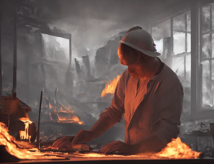 Prompt: a man works at a workstation in a very hot office with burning fires, local close up, featured in artstation, octane render, intricate, ultra detailed, fantasy, concept art, sharp focus, illustration, 8 k