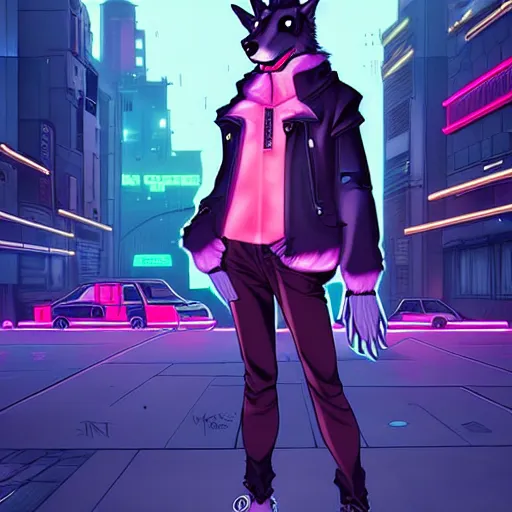 Prompt: beautiful furry art full body commission of an androgynous furry anthro wolf fursona wearing punk clothes in the streets of a cyberpunk city. neon signs. character design by charlie bowater, ross tran, artgerm, and makoto shinkai, detailed, inked, western comic book art