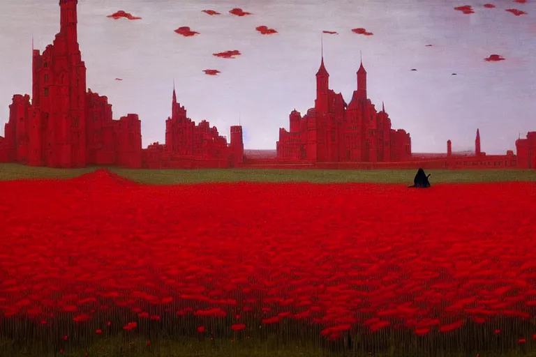 Image similar to only with red, red flowers of different types, red castle in background, red medieval goblins, in the style of beksinski, parts by edward hopper, parts by rodcenko, parts by yue minjun, intricate and epic composition, red by caravaggio, insanely quality, highly detailed, masterpiece, red light, artstation, 4 k