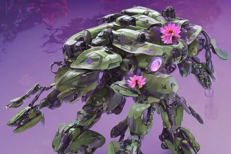 Image similar to amphibious waterlily mobile suit combat mecha whose top half is a nymphaea flower with petals being robotic limbs, detailed floral inlay, sci - fi weaponry, hyperdetailed, bandai box art, behance hd artstation, realistic # power armor # pistia # waterlily # mecha