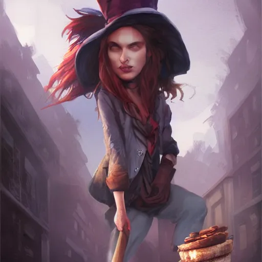 Image similar to realistic, full body portrait, attractive homeless female mad hatter, by Jordan Grimmer and greg rutkowski, crisp lines and color,