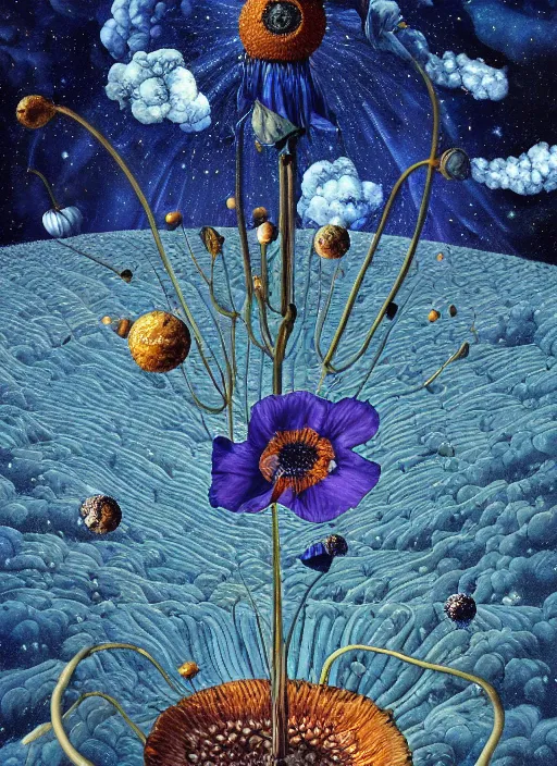 Image similar to detailed, intricate blue black and purple papaverum flower on the field, nebula, galaxy in the sky, winning award masterpiece, fantastically beautiful, illustration, aestheticly inspired, jacek yerka, upscale with anguissola sofonisba work, artstation, 8 k