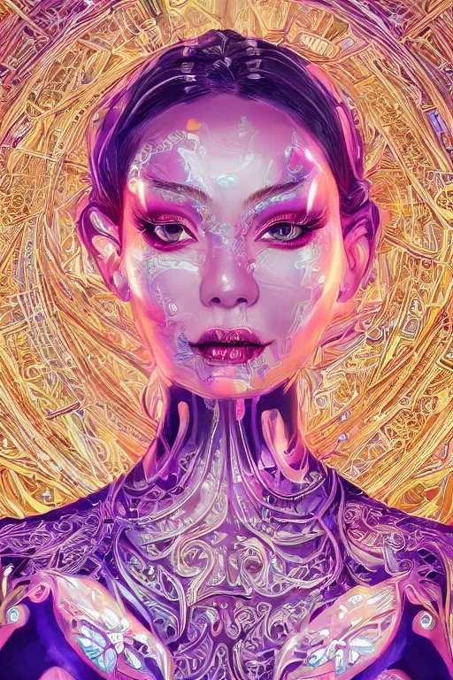 Image similar to An extremely beautiful neon-noir kawaii ornate highly detailed HD portrait of a young attractive woman with a silky bio-luminiscent holographic dress, neo-cyberpunk, professionally painted digital art illustration, smooth, sharp focus, atmospheric lighting, highly detailed illustration highlights, golden ratio, symmetrical facial features, extremely detailed winning award masterpiece, very coherent symmetrical artwork, sense of awe, 8K post-processing, trending on artstation flawless, prismatic highlights, telephoto, depth of field, cinematic, macro, concept art, wepa digital, elegant, epic, octane render, v-ray, C4D