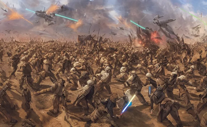 Image similar to liberty leading the people, star wars, jedi, battle of geonosis