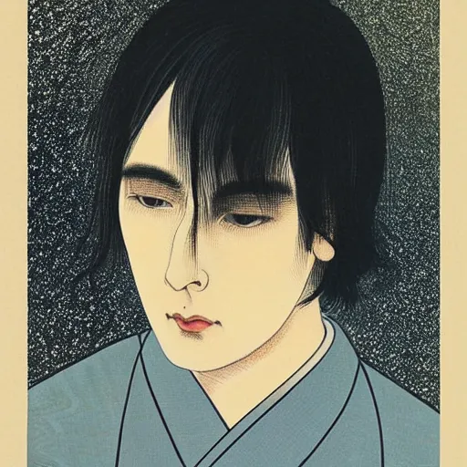 Image similar to “ matthew smith portrait by ikenaga yasunari and ayana otake and ko rakusui, 6 0 s poster, drawing, realistic, sharp focus, japanese, dreamy, nostalgia, faded, golden hues, floral clothes, porcelain skin ”