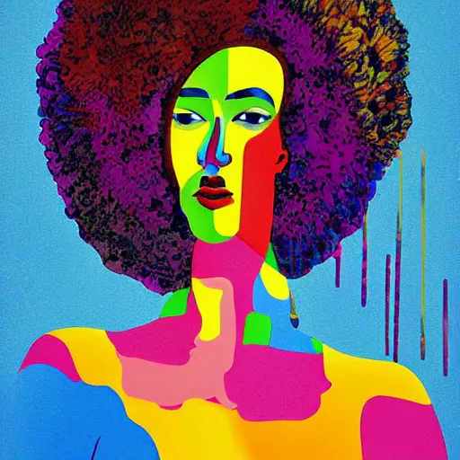 Image similar to the abstract painting of an image of afro lady artistic flat illustration by larry klewchuk, surrealism