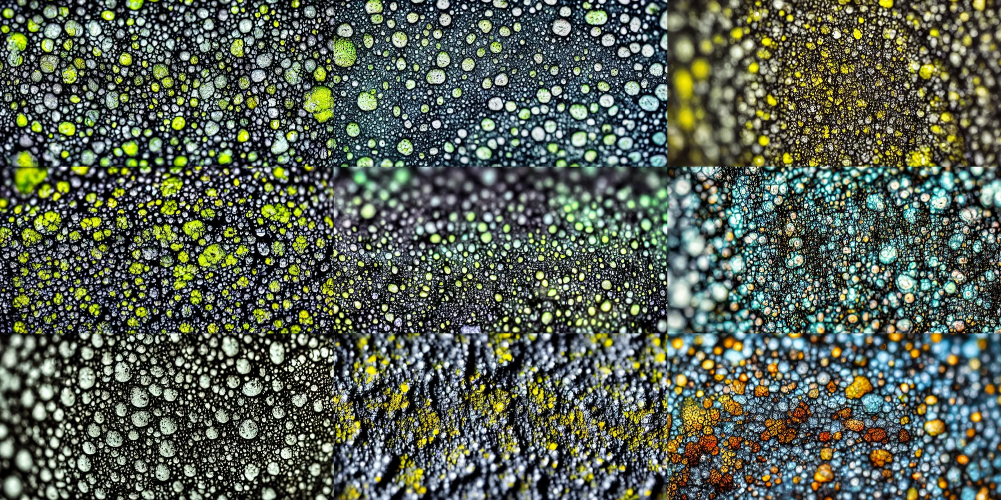 Prompt: closeup of rain on bright lichens on dark rock seen through a condensed lens, drop of waters , macro photography, DSLR, sony a7III, nature photography, 4K, 8K, cinematic lighting, collage, oil painting, high octane