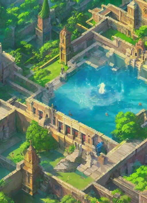 Prompt: aerial view of a palace garden with pools leading to a roman palace, glorious, epic scene, beautiful, in the style of artgerm, makoto shinkai, atey ghailan and mike mignola, vibrant colors and hard shadows and strong rim light, plain background, comic cover art, trending on artstation