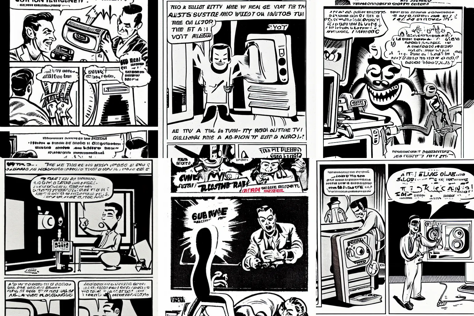 Prompt: a subgenius getting an electric shock fixing a television and seeing an alien on the tv. vibrant, detailed, comics. 1 9 5 2