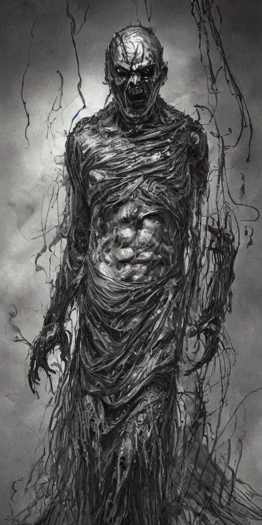 Image similar to concept art of a evil man with his body covered in burns, with black smoke coming out of his hands, full body, dark colors, sinister atmosphere, dramatic lighting, cinematic, establishing shot, extremely high detail, photo realistic, cinematic lighting, pen and ink, intricate line drawings, by Yoshitaka Amano, Ruan Jia, Kentaro Miura, Artgerm, post processed, concept art, artstation, matte painting, style by eddie mendoza, raphael lacoste, alex ross,