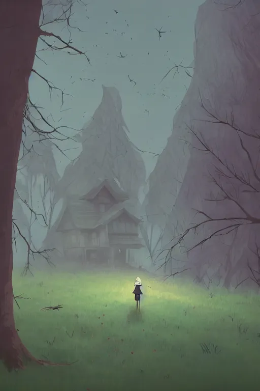 Prompt: a scary lonely witch's hut in the forest a lot of crows circling from above the view at the foot rule of thirds golden ratio, fake detail, trending pixiv fanbox, acrylic palette knife, style of makoto shinkai studio ghibli genshin impact james gilleard greg rutkowski chiho aoshima