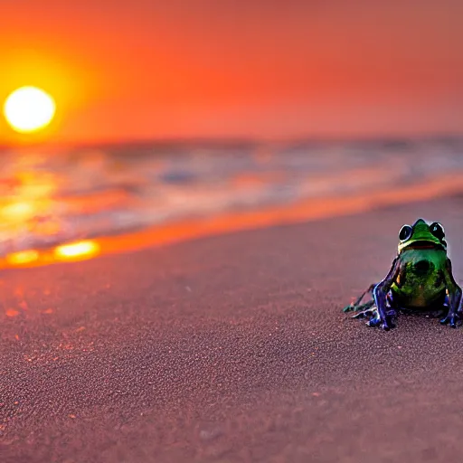 Prompt: frog sitting on the beach with an umbrella next to him, watching a beautiful sunrise, photograph