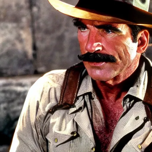Image similar to A still of Tom Selleck as Indiana Jones from Raiders of the Lost Ark. Extremely detailed. Beautiful. 4K. Award winning.