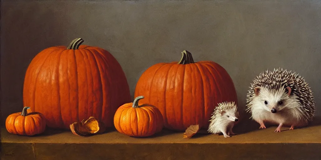 Image similar to a hedgehog and a pumpkin, renaissance oil painting, 8 k resolution