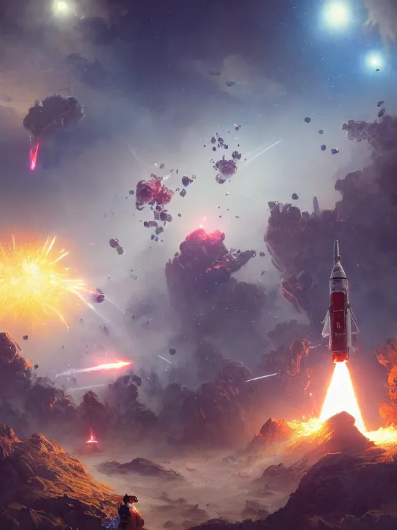 Prompt: photo of 8k ultra realistic rocket launching, asteroids, nasa, clear sky, full of colour, cinematic lighting, battered, trending on artstation, 4k, hyperrealistic, focused, extreme details,unreal engine 5, cinematic, masterpiece, art by Peter Mohrbacher