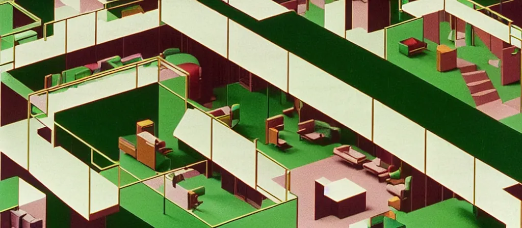 Image similar to huge sprawling gargantuan angular dimension of infinite indoor landscape 7 0 s green velvet and wood with metal office furniture. surrealism, mallsoft, vaporwave. muted colours, 7 0 s office furniture catalogue, shot from above, endless, neverending epic scale by escher and ricardo bofill