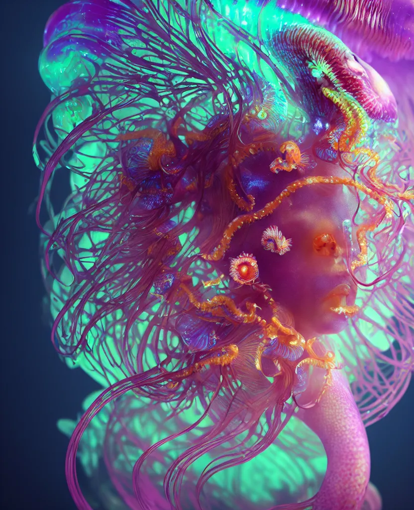 Image similar to goddess close-up portrait. dichroic orchid jellyfish phoenix head, nautilus, skull, betta fish, bioluminiscent creatures, intricate artwork by Tooth Wu and wlop and beeple. octane render, trending on artstation, greg rutkowski very coherent symmetrical artwork. cinematic, hyper realism, high detail, octane render, 8k