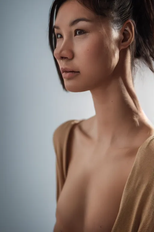 Prompt: 2 4 year old female model, wearing v - neck top, zoomed into clavicle, photo realistic, extreme detail skin, proportional, natural beauty, no filter, slr, golden hour, 4 k, high definition, selfie