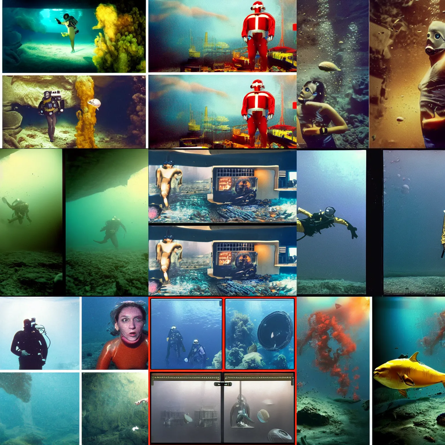 Prompt: Kodak portra 160, 4K, split split screens: famous deep sea diver in low budget metropolis movie remake, underwater scene