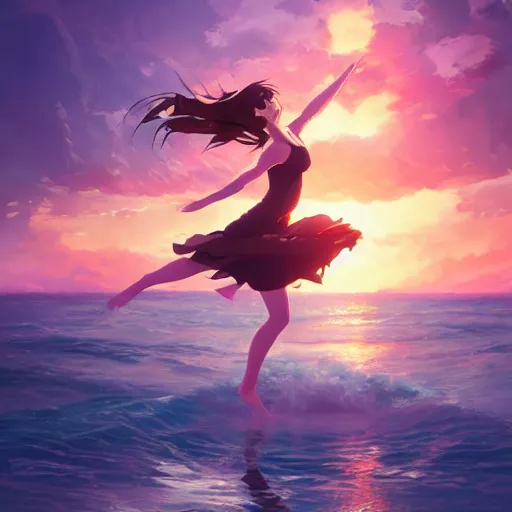 Image similar to A girl dancing on water, detailed facial features, evokes feelings of joy, beautiful flowing fabric, sunset, dramatic angle, realistic and detailed, by studio trigger, pixiv dslr photo by Makoto Shinkai rossdraws and Wojtek Fus