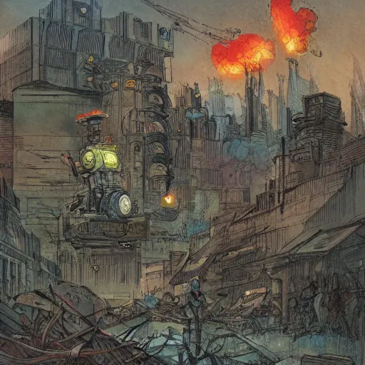 Image similar to robot civil war has destroyed robot city on planet robot, by john baptiste monge, muted colors