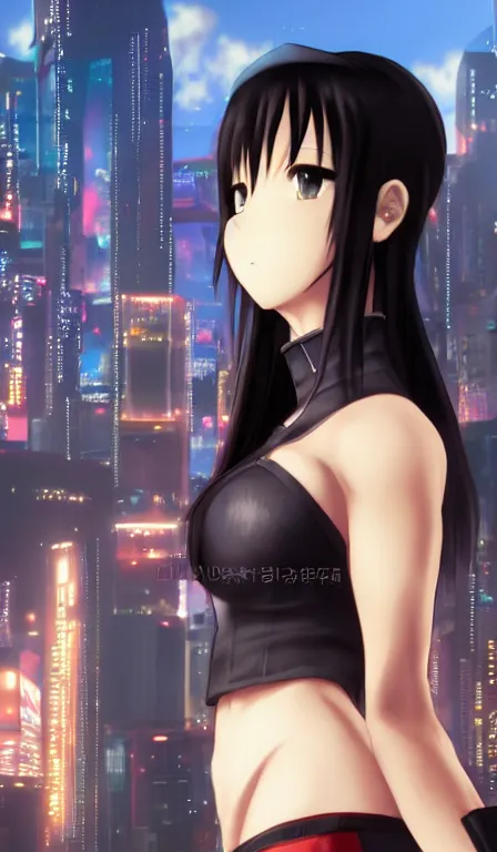 Image similar to anime fine details portrait of Tifa Lockhart in front of cyberpunk moder city landscape on the background deep bokeh, close-up view, anime masterpiece by Studio Ghibli. 8k, sharp high quality anime, artstation