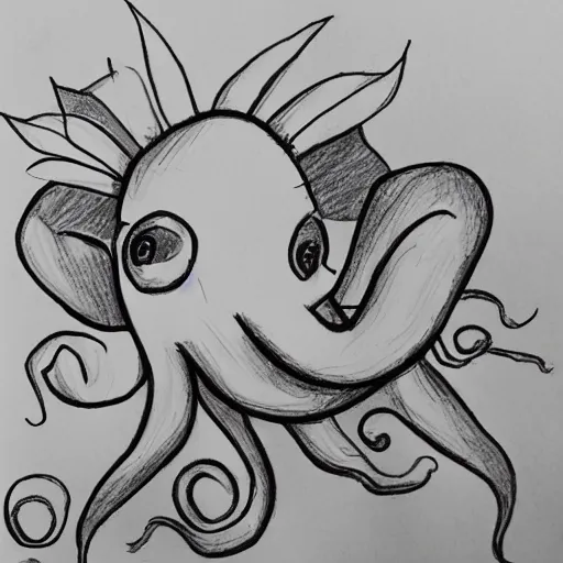 Image similar to super basic drawing of a pig - octopus, weeds, crayon on paper