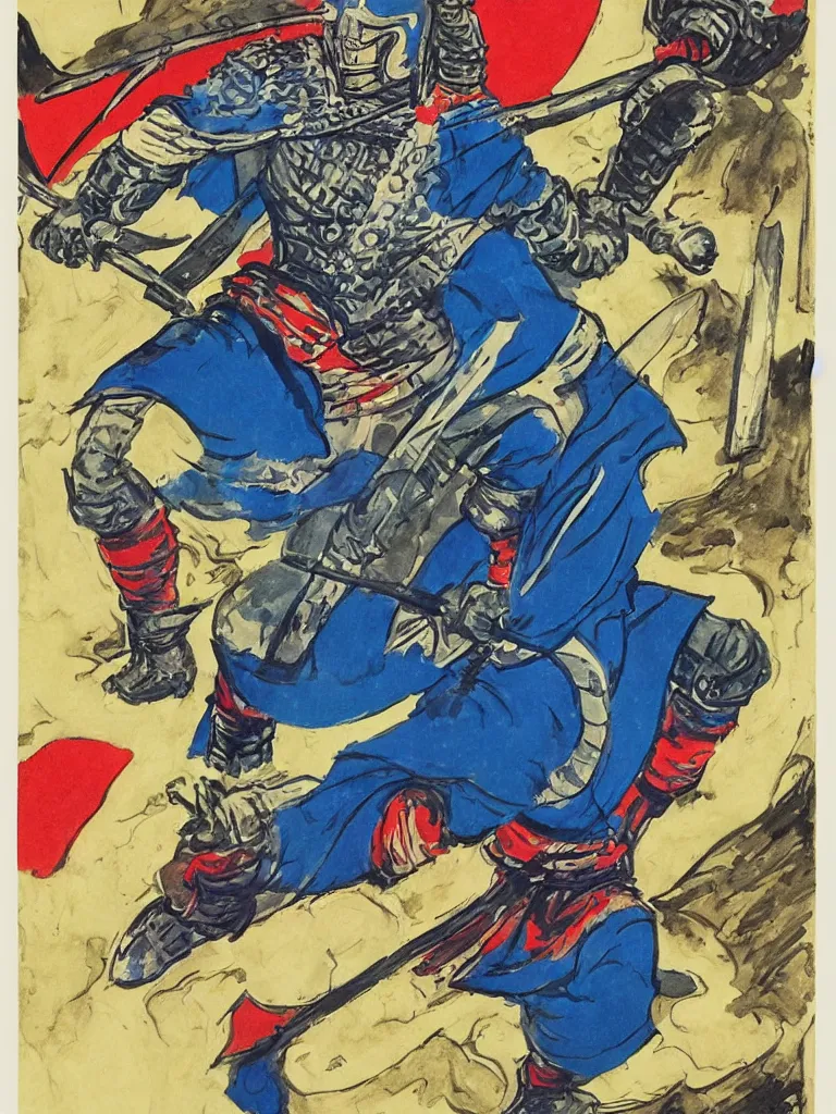 Image similar to a samurai wearing blue armor, art by jack kirby