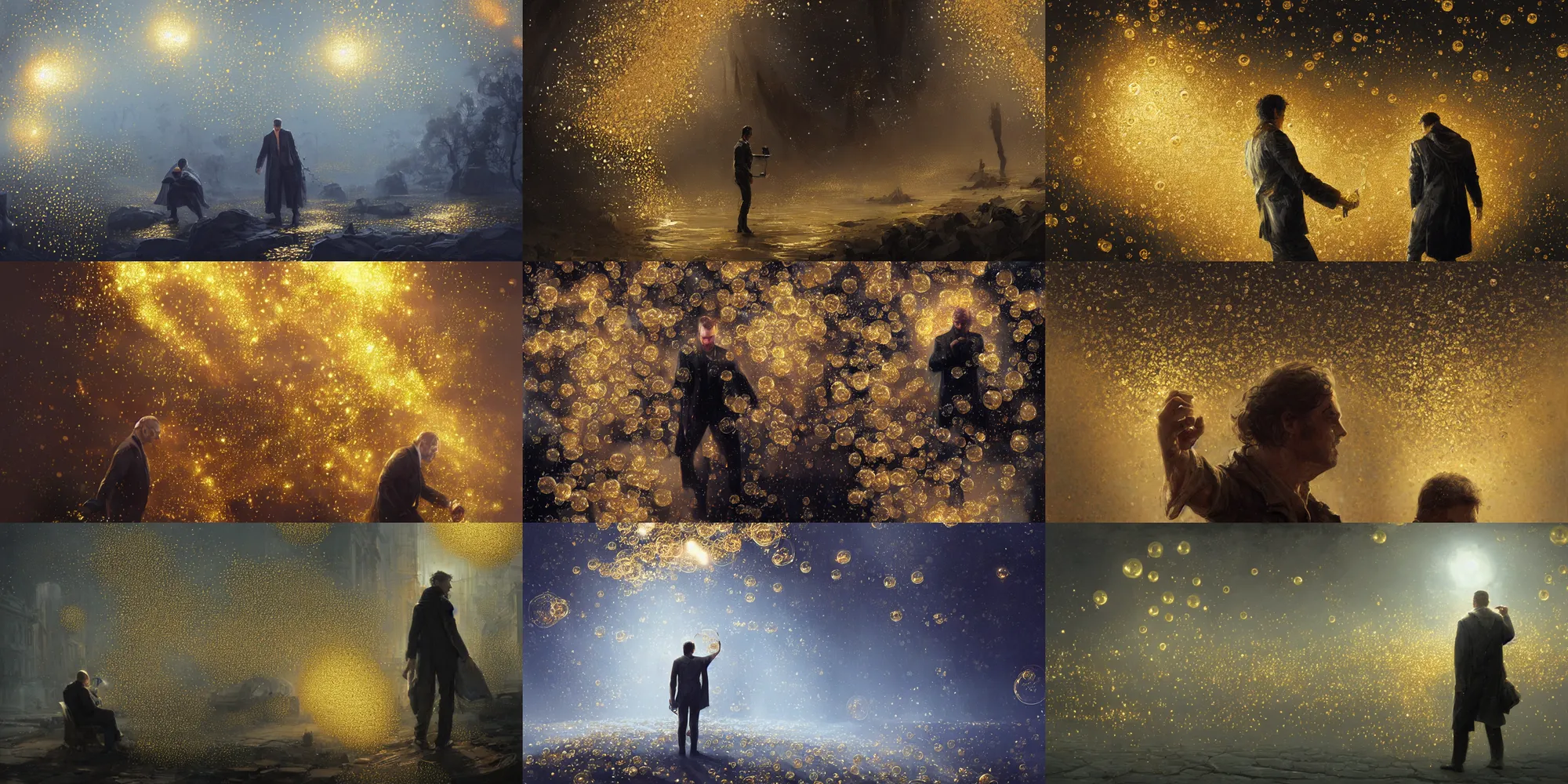 Image similar to swarm of iridescent golden bubbles surrounding a man, by greg rutkowski