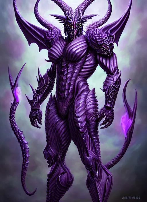 Image similar to muscular and tall purple ghostly fire humanoid dragon!!!! draconian!! intricate ornate iridescent heavy armor!! character concept art, sharp focus, octane render! unreal engine 5! highly rendered!! trending on artstation!! detailed linework!! illustration by artgerm, wlop, and chie yoshii