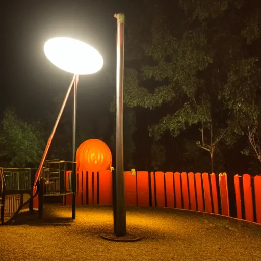 Image similar to a playground at night with only one orange light, creepy, found footage