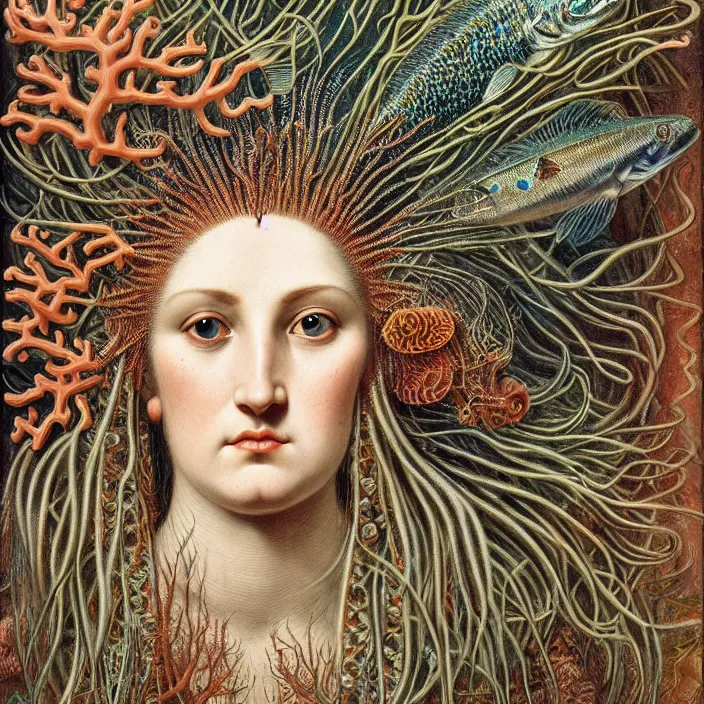 Image similar to realistic detailed face portrait of the goddess of the fish of the three times with an intricate headdress of corals, sea kelp, sea plants, fish, jellyfish, art by archimboldo and ernst haeckel, face in focus, neo - gothic, gothic,